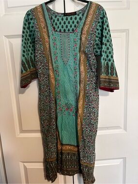 Embroidered Turquoise Midi Dress with Pink Accents